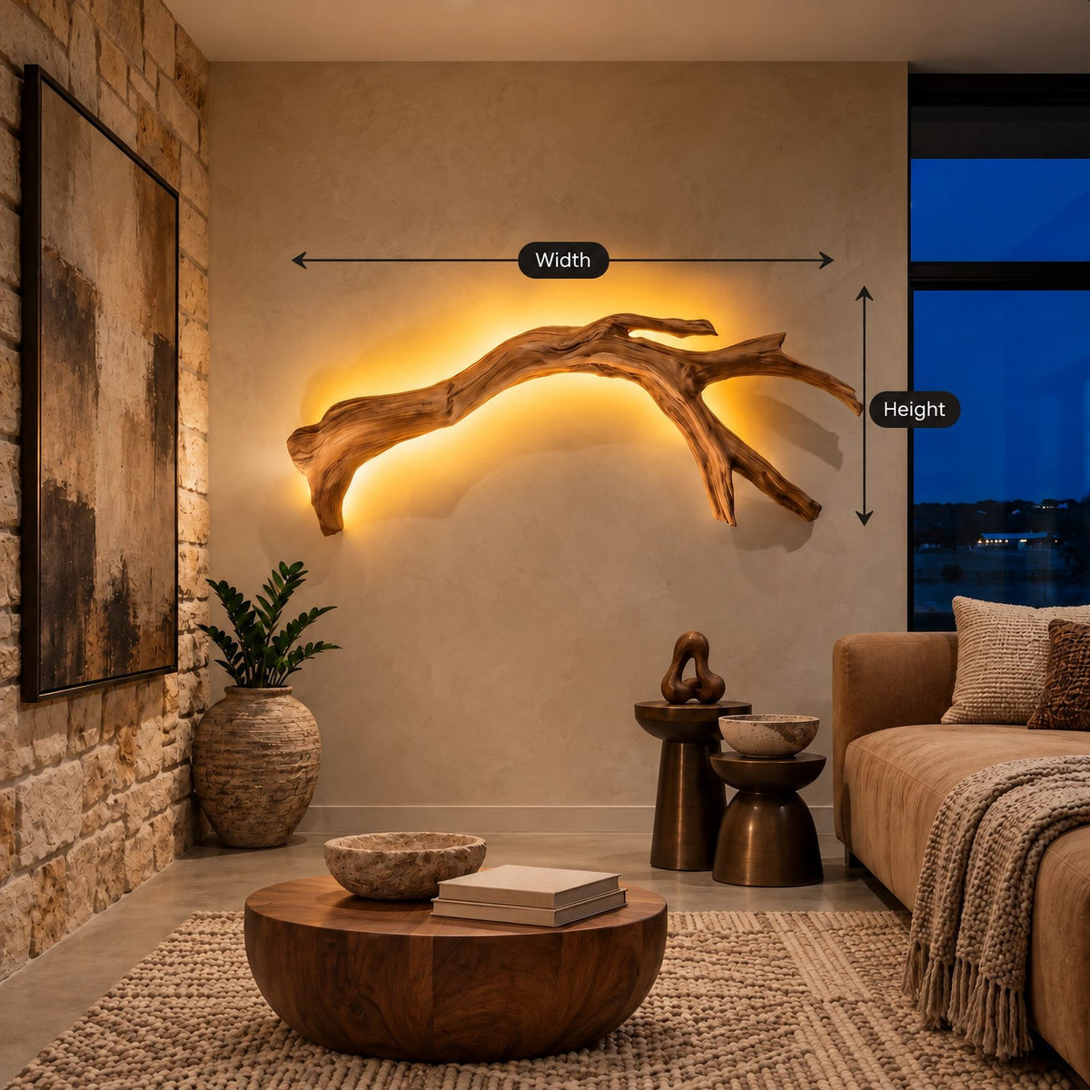 Rustic Branch Wood Wall Sconce With Backlit Glow For Bedroom