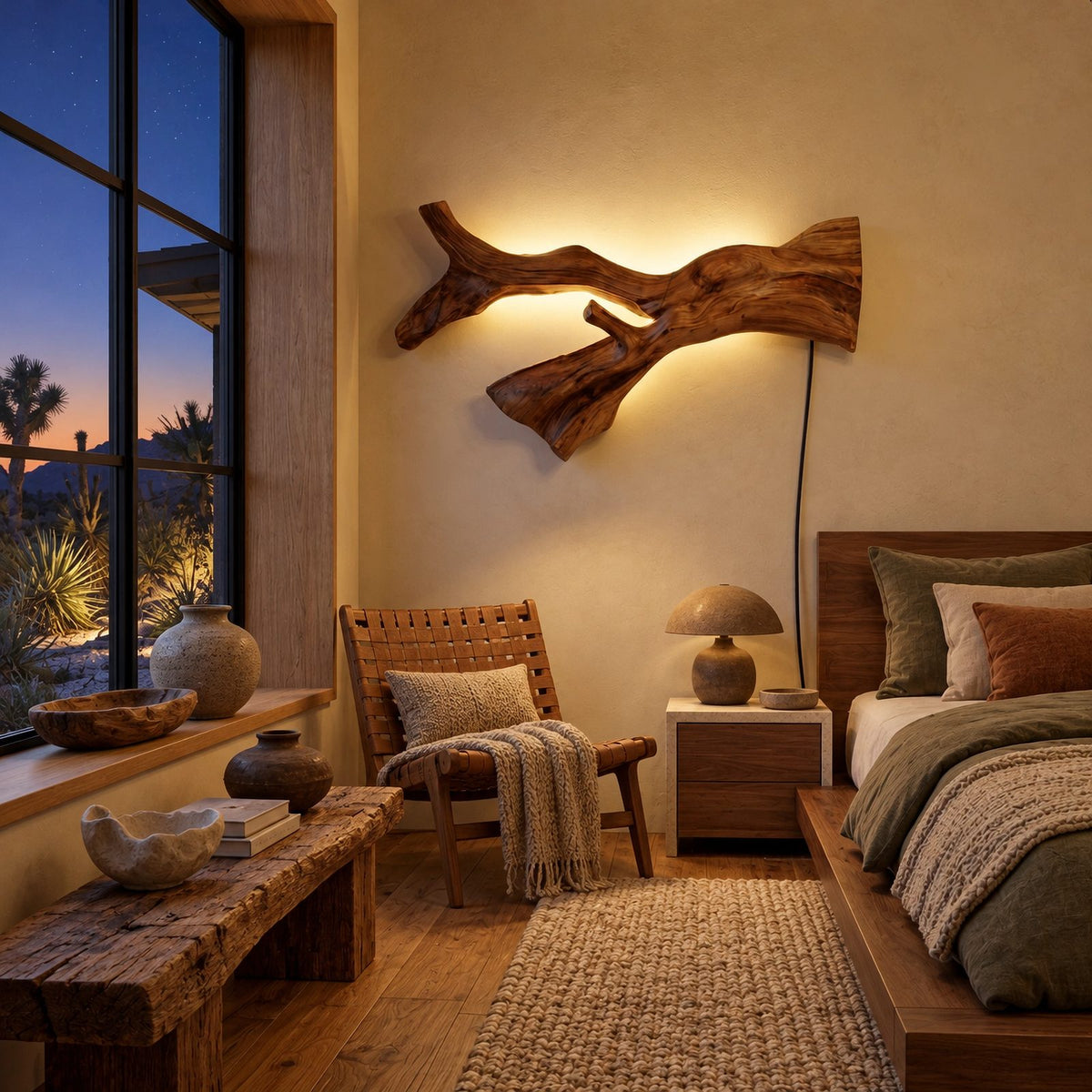 Organic Branch Wood Wall Sconce With Backlit Glow For Hallway