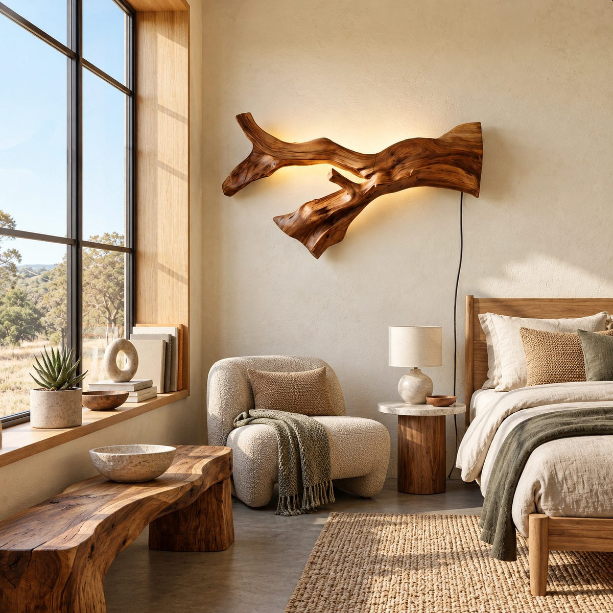 Organic Branch Wood Wall Sconce With Backlit Glow For Hallway