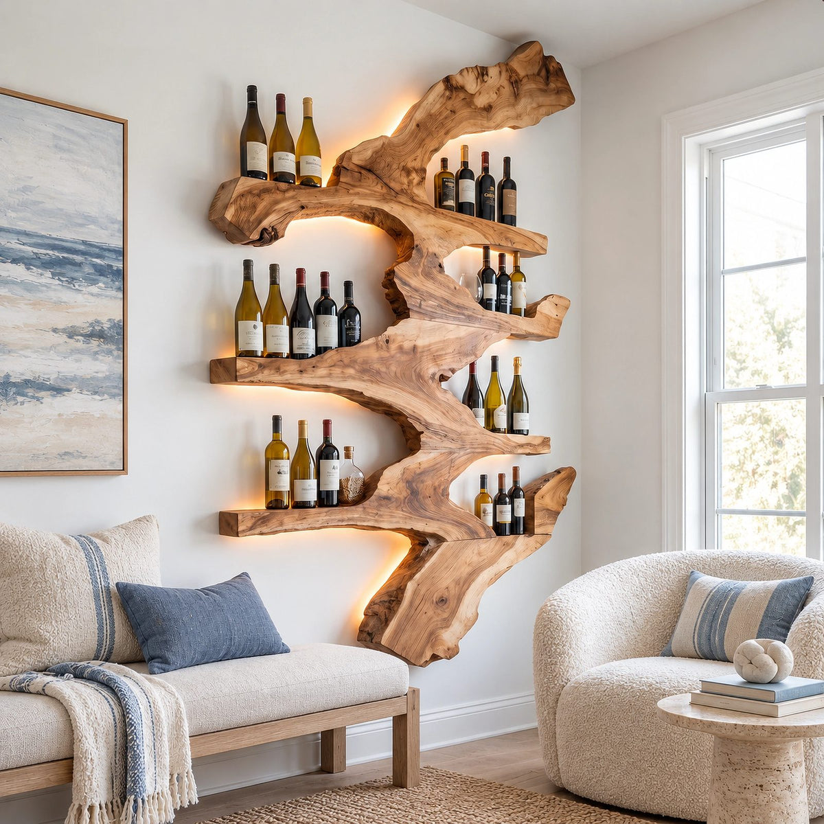 Rustic Branch Wood Wine Rack With Multi Tier Shelves For Dining Room