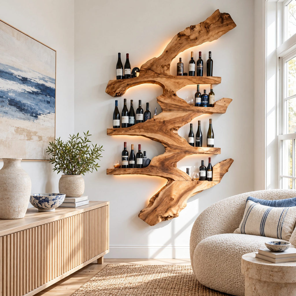 Rustic Branch Wood Wine Rack With Multi Tier Shelves For Dining Room