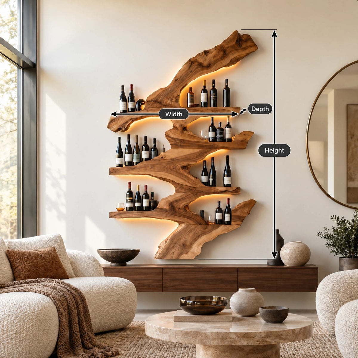 Rustic Branch Wood Wine Rack With Multi Tier Shelves For Dining Room