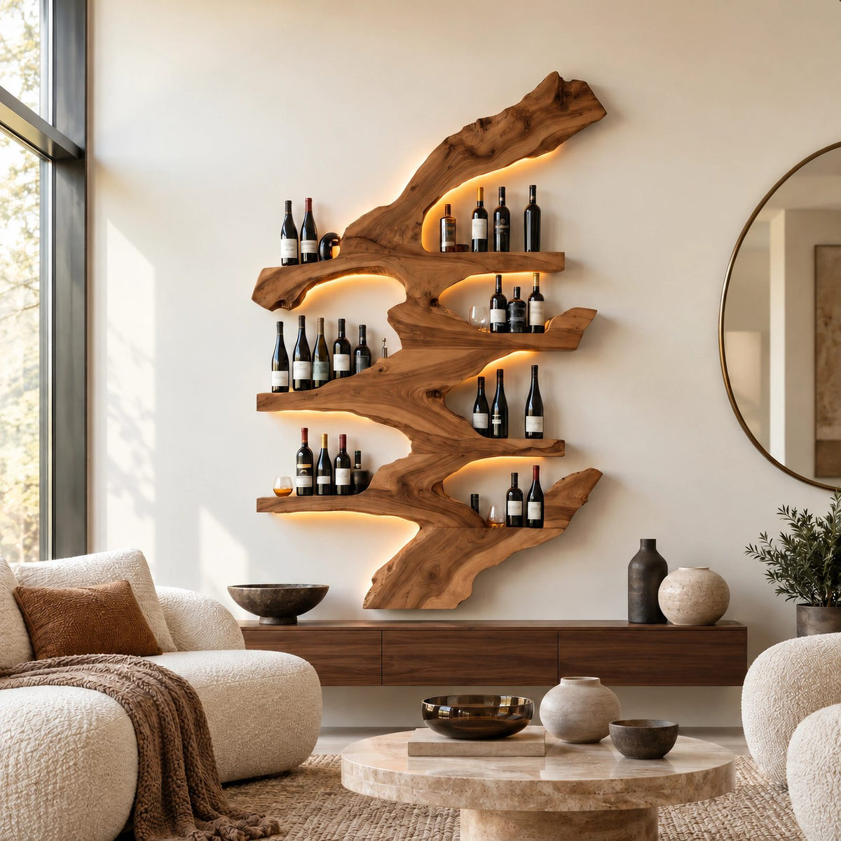 Rustic Branch Wood Wine Rack With Multi Tier Shelves For Dining Room