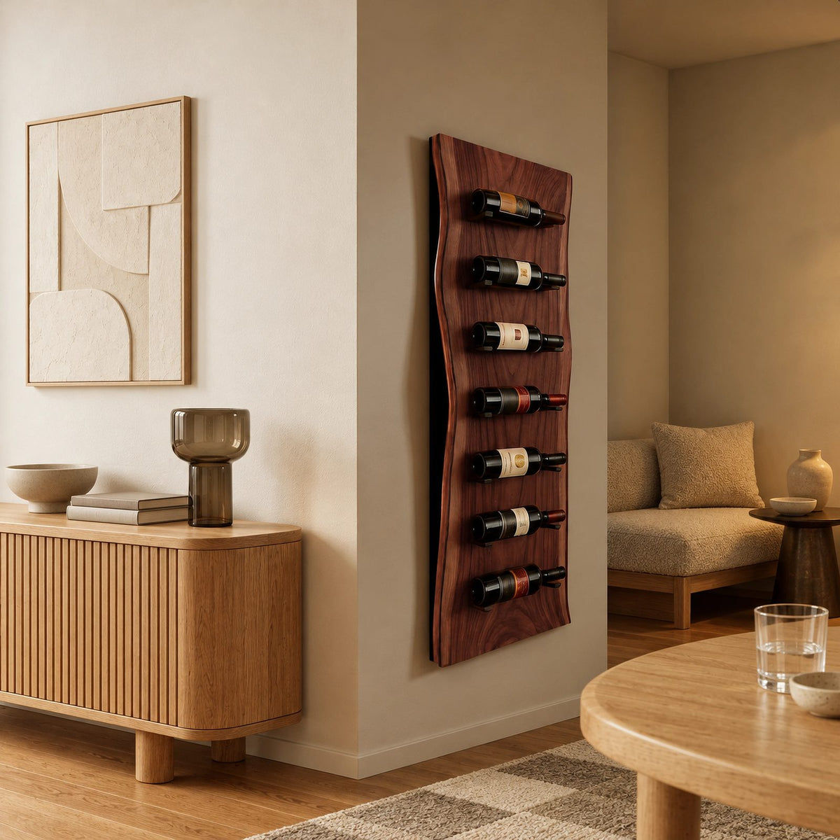 Modern Live Edge Wood Wine Rack With Cut Bottle Slots For Kitchen