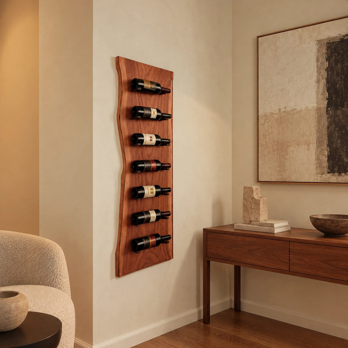 Modern Live Edge Wood Wine Rack With Cut Bottle Slots For Kitchen