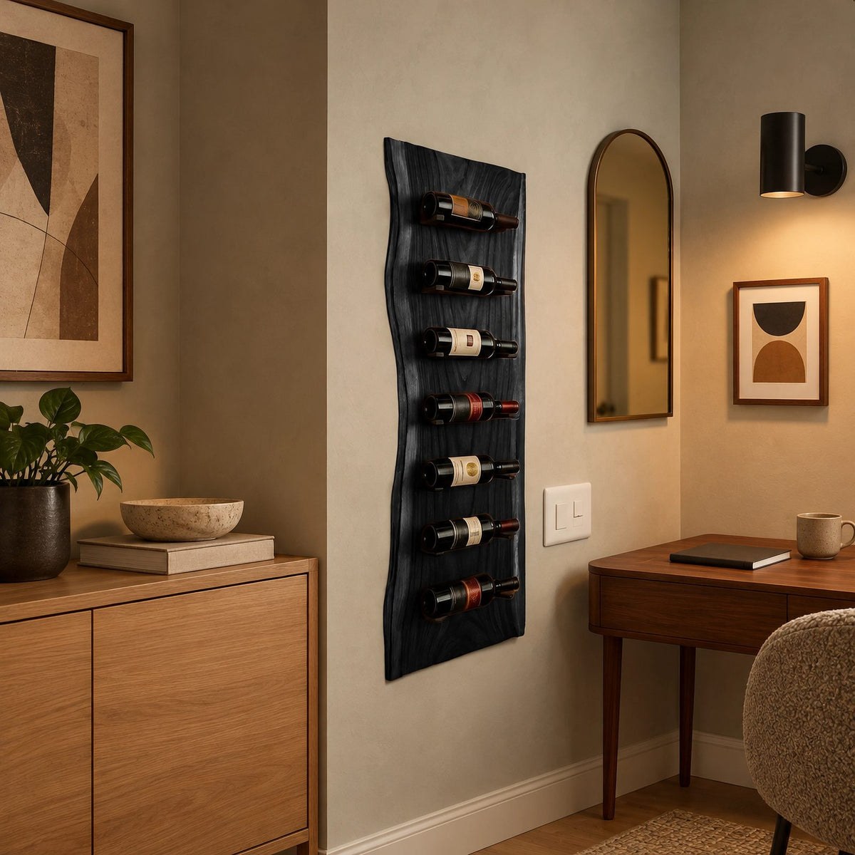 Modern Live Edge Wood Wine Rack With Cut Bottle Slots For Kitchen