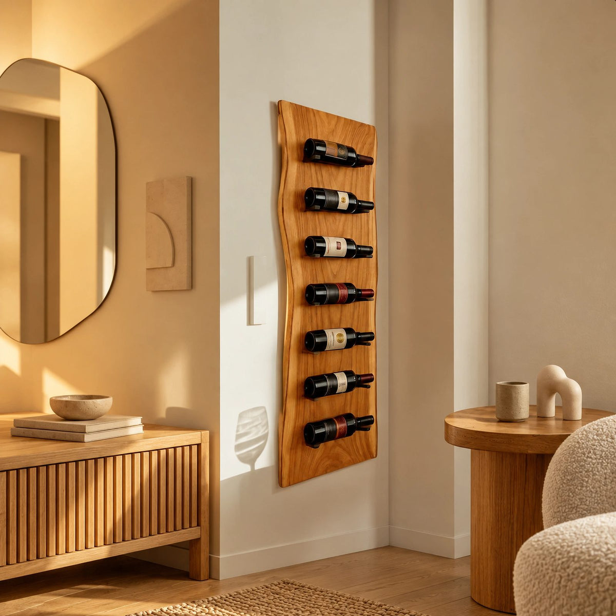 Modern Live Edge Wood Wine Rack With Cut Bottle Slots For Kitchen