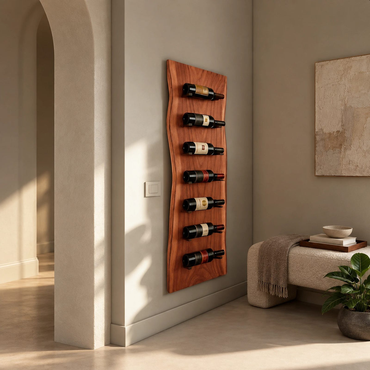 Modern Live Edge Wood Wine Rack With Cut Bottle Slots For Kitchen