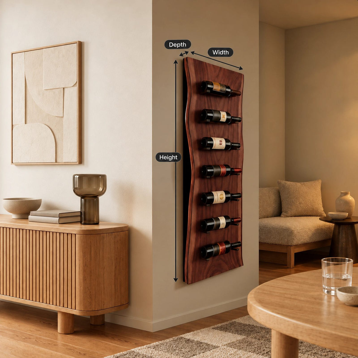 Modern Live Edge Wood Wine Rack With Cut Bottle Slots For Kitchen