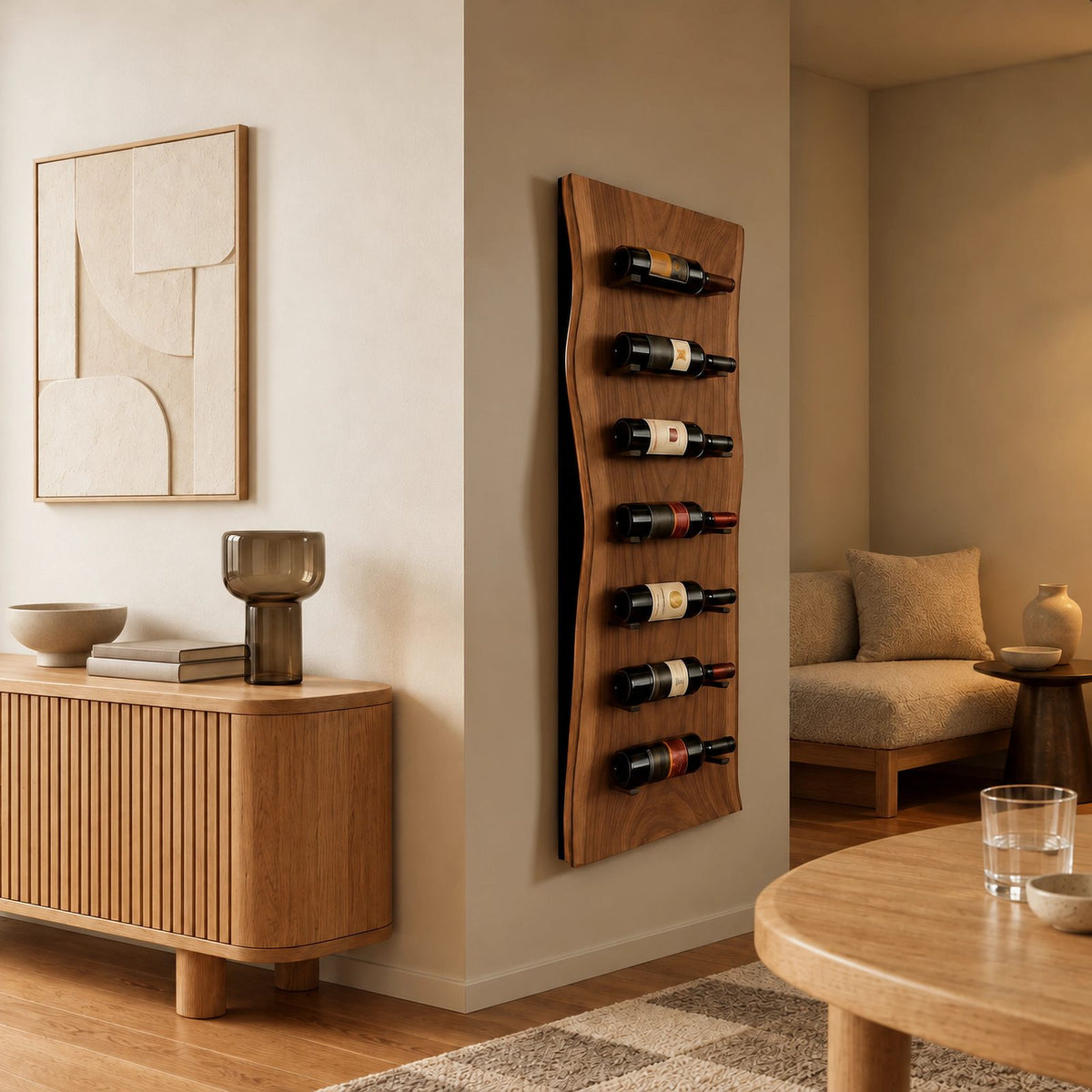 Modern Live Edge Wood Wine Rack With Cut Bottle Slots For Kitchen