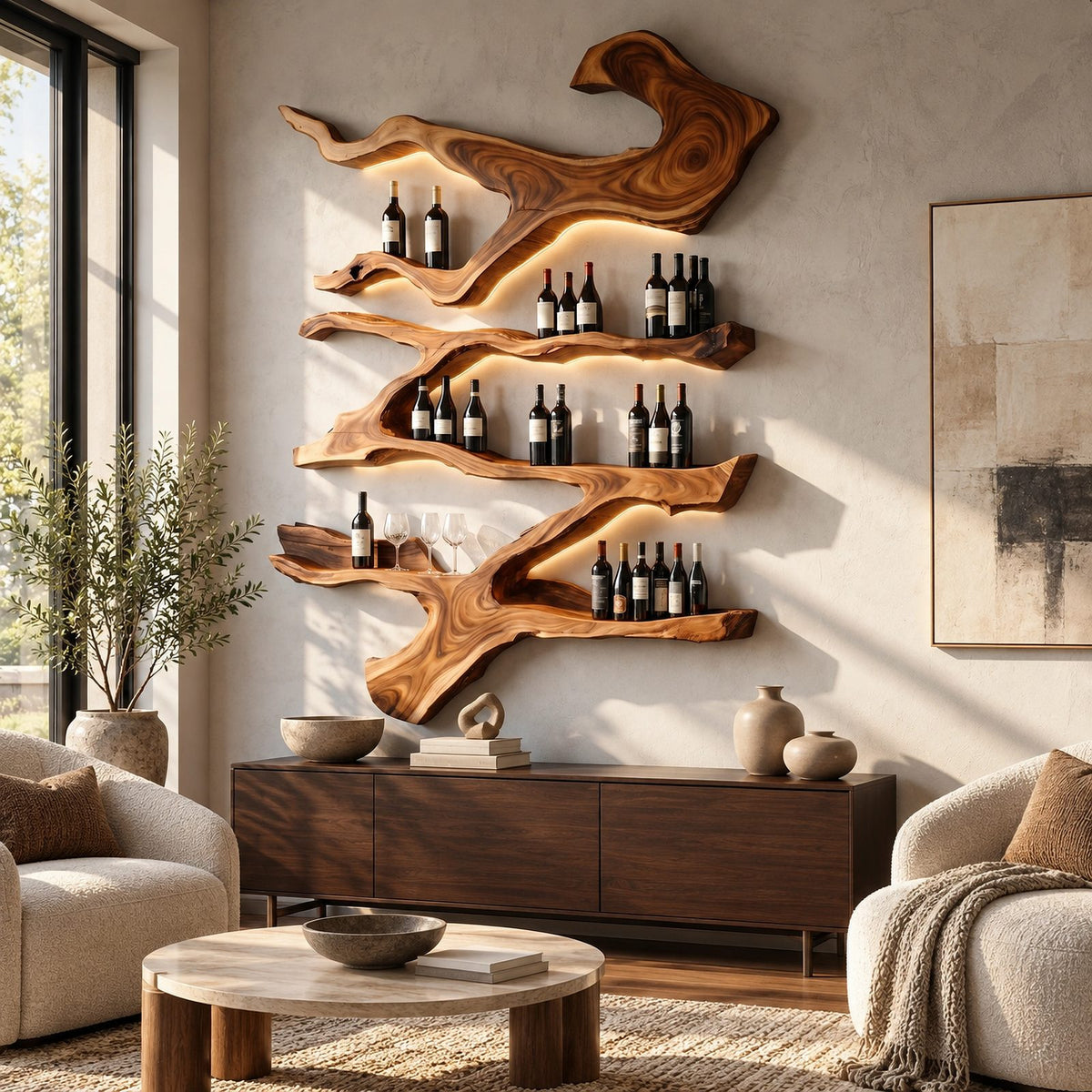 Farmhouse Branch Wood Wine Rack With Multi Tier Shelves For Dining Room