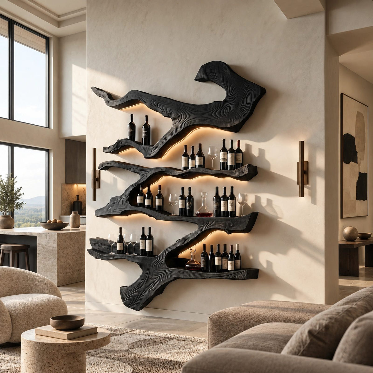 Farmhouse Branch Wood Wine Rack With Multi Tier Shelves For Dining Room