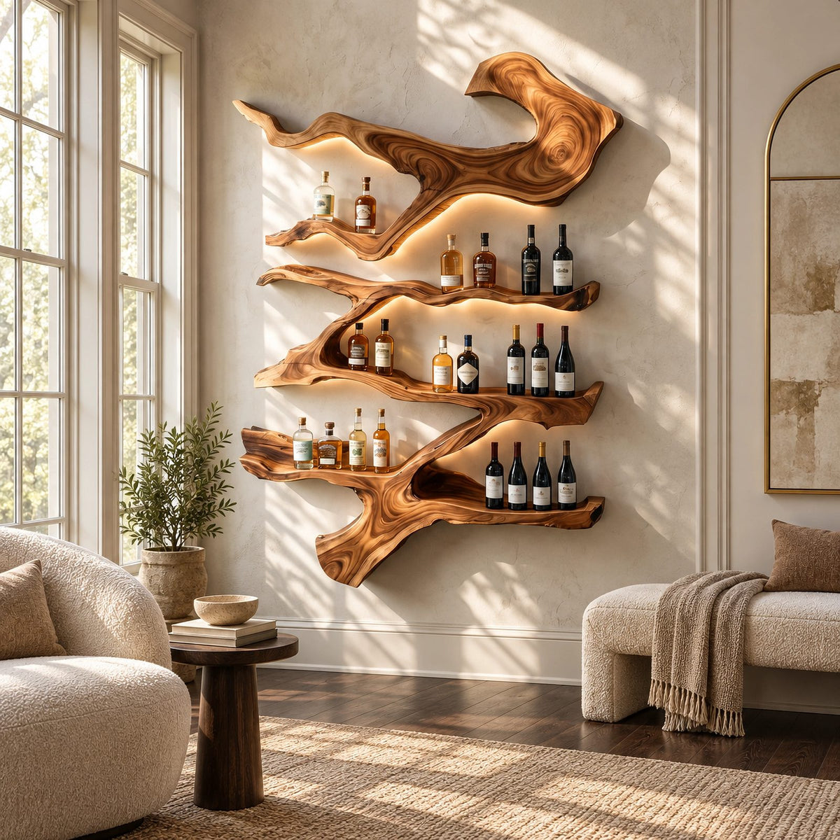 Farmhouse Branch Wood Wine Rack With Multi Tier Shelves For Dining Room