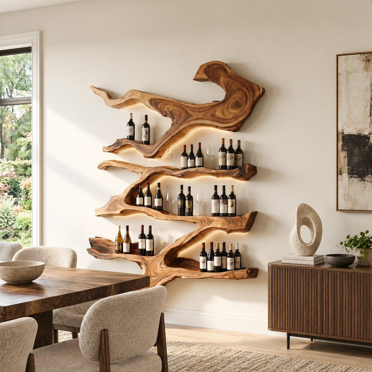 Farmhouse Branch Wood Wine Rack With Multi Tier Shelves For Dining Room
