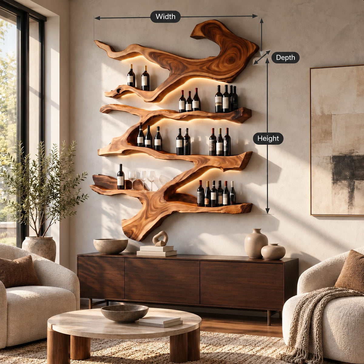 Farmhouse Branch Wood Wine Rack With Multi Tier Shelves For Dining Room