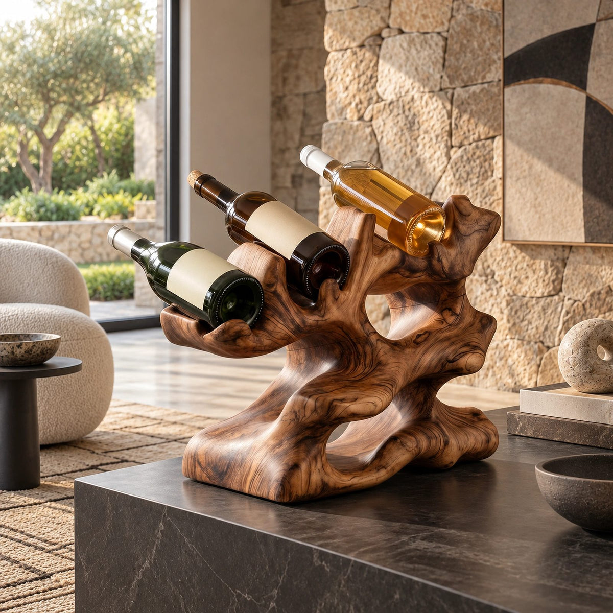 Sculptural Wood Wine Stand With Open Bottle Pockets For Kitchen