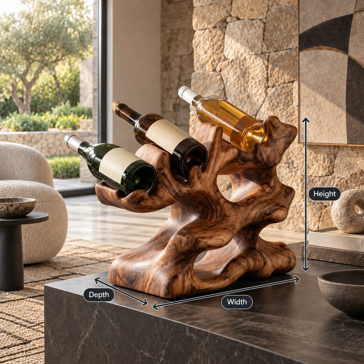 Sculptural Wood Wine Stand With Open Bottle Pockets For Kitchen