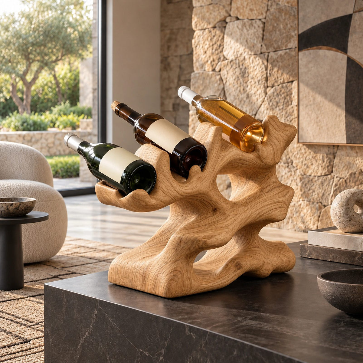 Sculptural Wood Wine Stand With Open Bottle Pockets For Kitchen