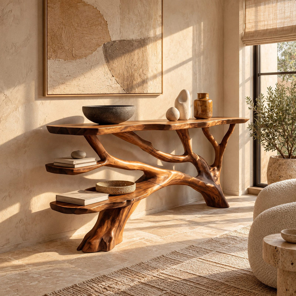 Handcrafted Root Base Console Table With Open Shelf For Entryway