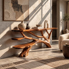 Handcrafted Root Base Console Table With Open Shelf For Entryway