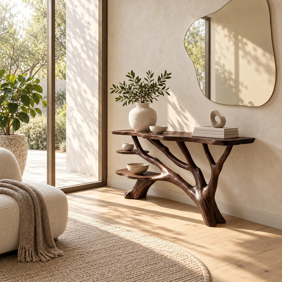 Handcrafted Root Base Console Table With Open Shelf For Entryway