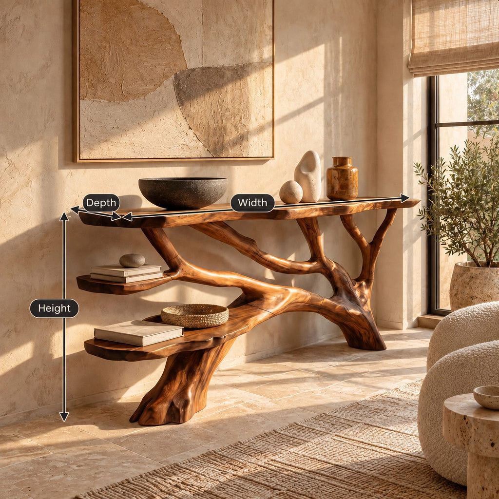 Handcrafted Root Base Console Table With Open Shelf For Entryway