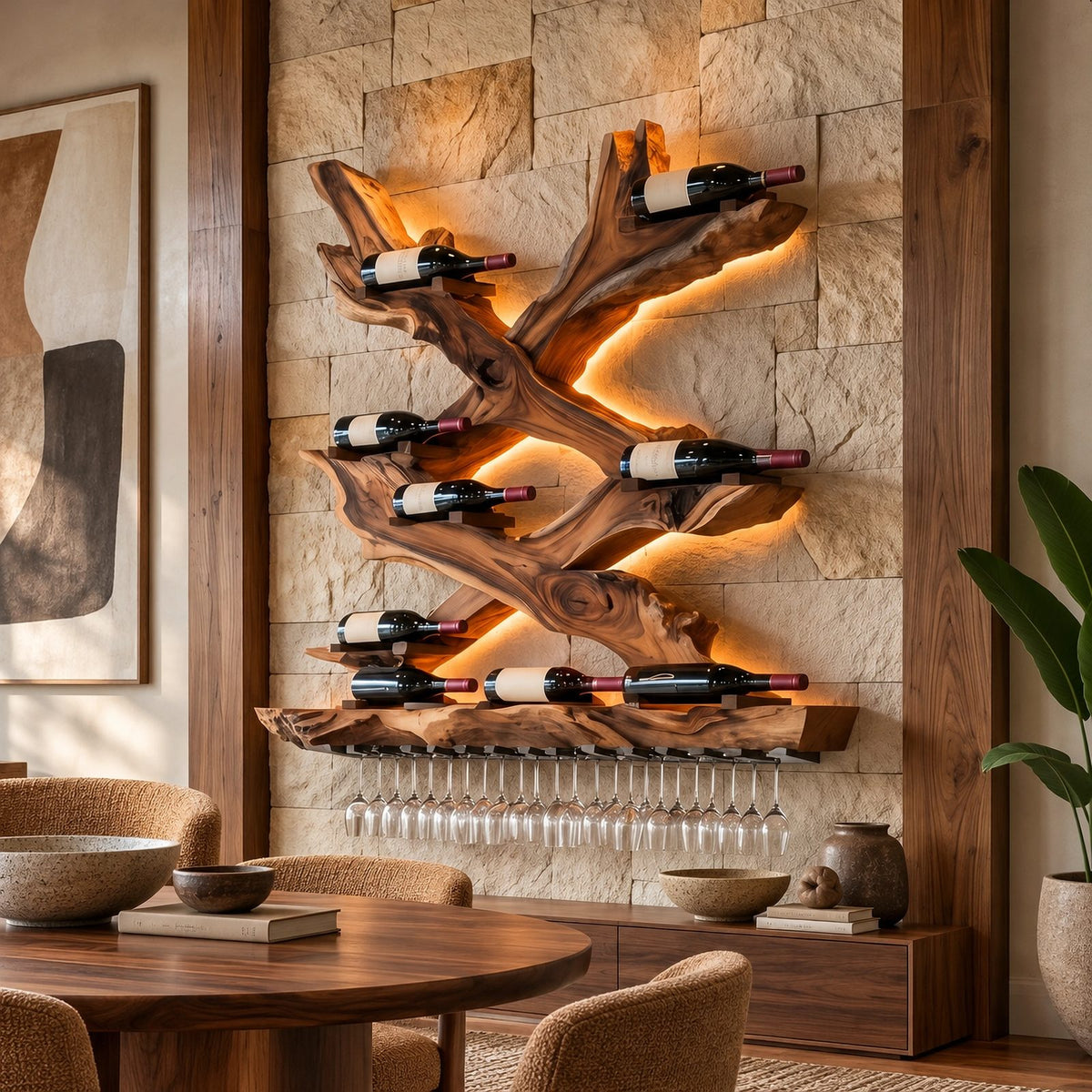 Mid Century Branch Wood Wine Rack With X Shape Design For Dining Room