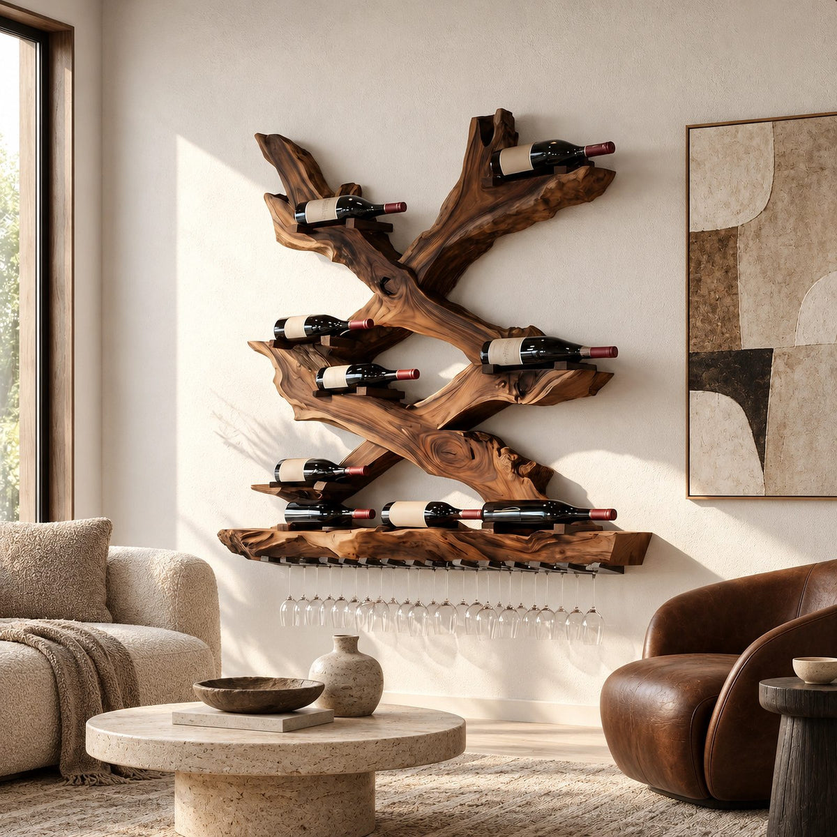 Mid Century Branch Wood Wine Rack With X Shape Design For Dining Room
