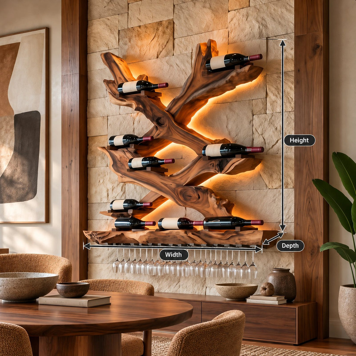 Mid Century Branch Wood Wine Rack With X Shape Design For Dining Room
