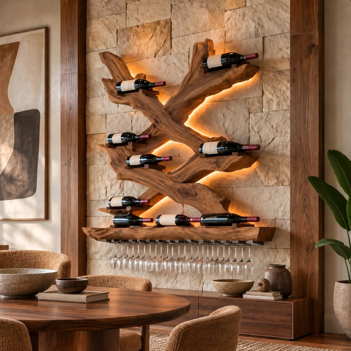 Mid Century Branch Wood Wine Rack With X Shape Design For Dining Room