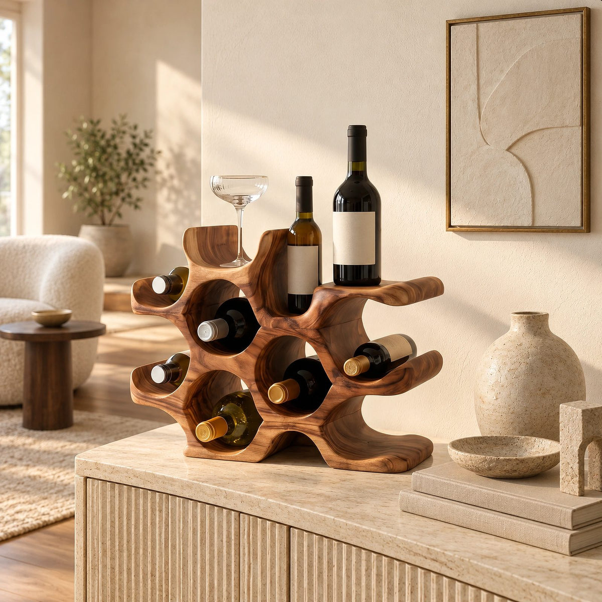 Organic Sculptural Wood Wine Stand With Honeycomb Form For Kitchen