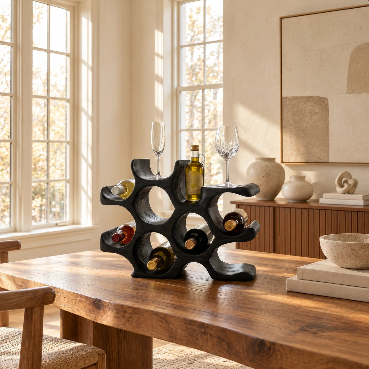 Organic Sculptural Wood Wine Stand With Honeycomb Form For Kitchen