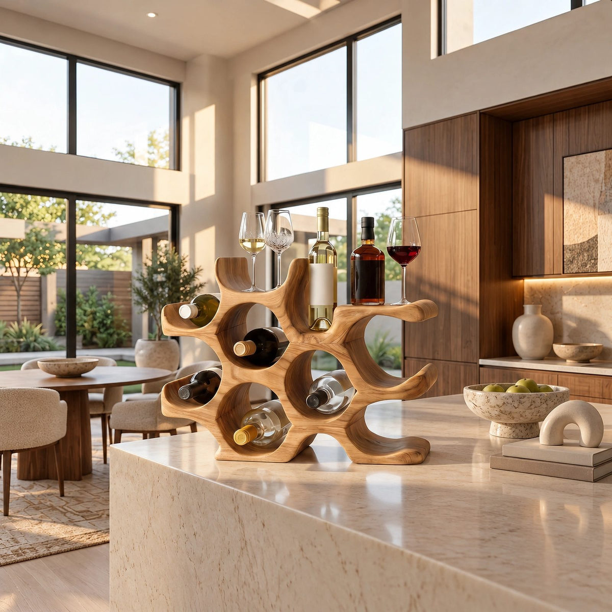 Organic Sculptural Wood Wine Stand With Honeycomb Form For Kitchen