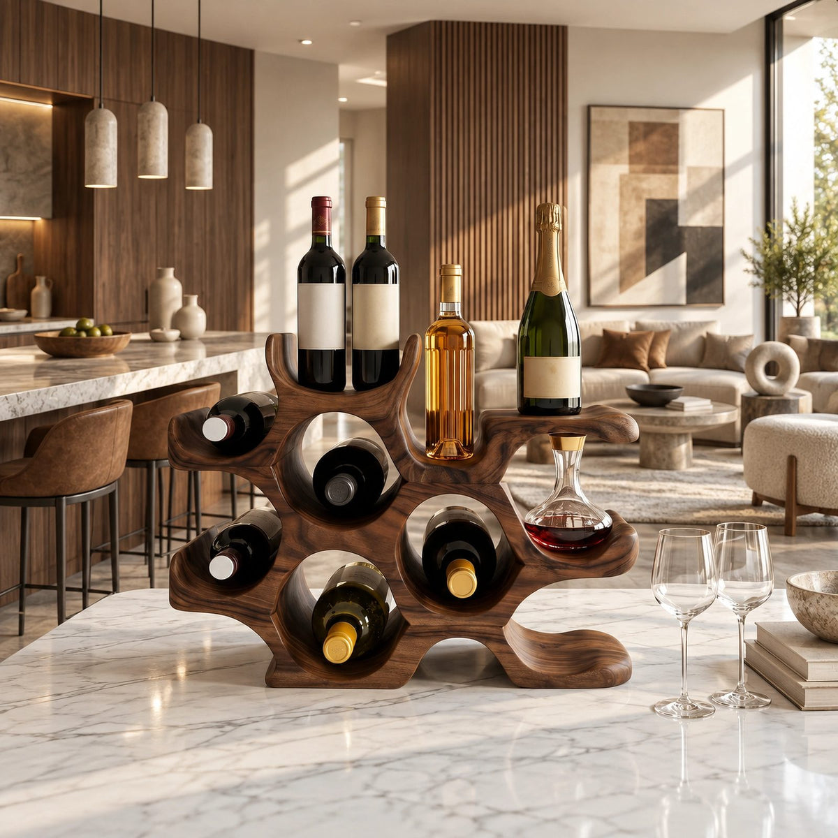 Organic Sculptural Wood Wine Stand With Honeycomb Form For Kitchen