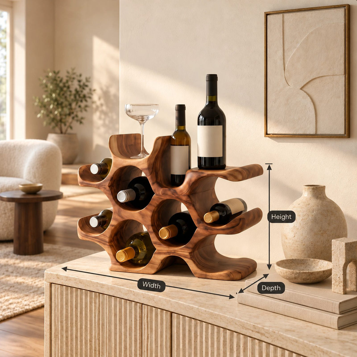 Organic Sculptural Wood Wine Stand With Honeycomb Form For Kitchen