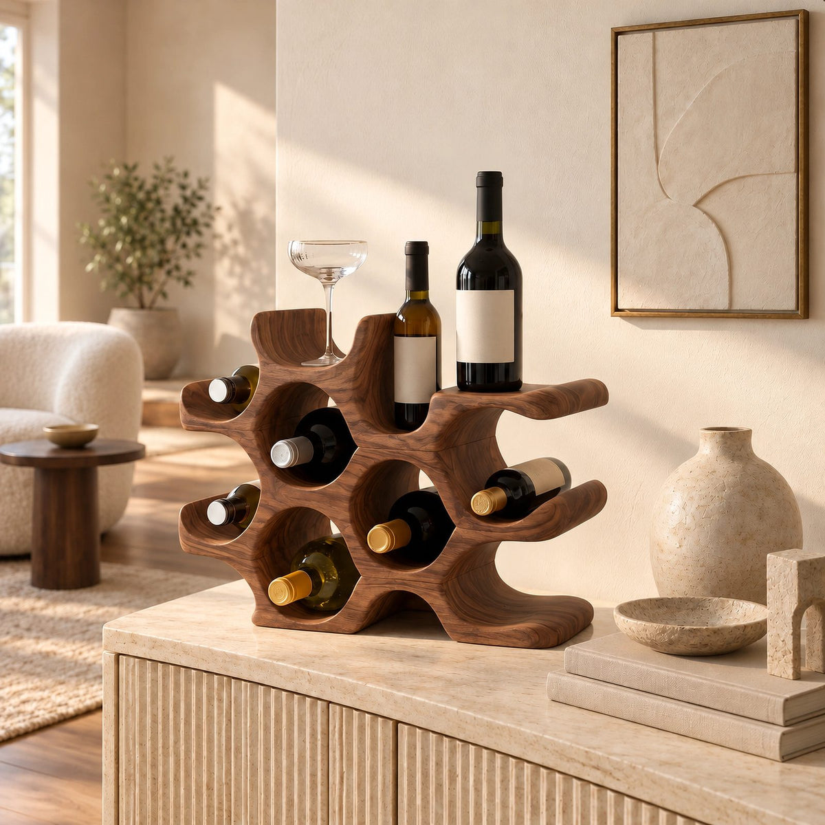 Organic Sculptural Wood Wine Stand With Honeycomb Form For Kitchen