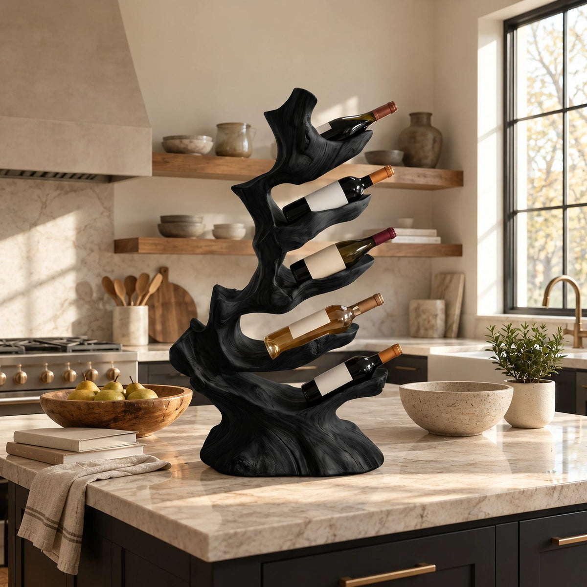Rustic Branch Wood Wine Stand With Staggered Pockets For Dining Room