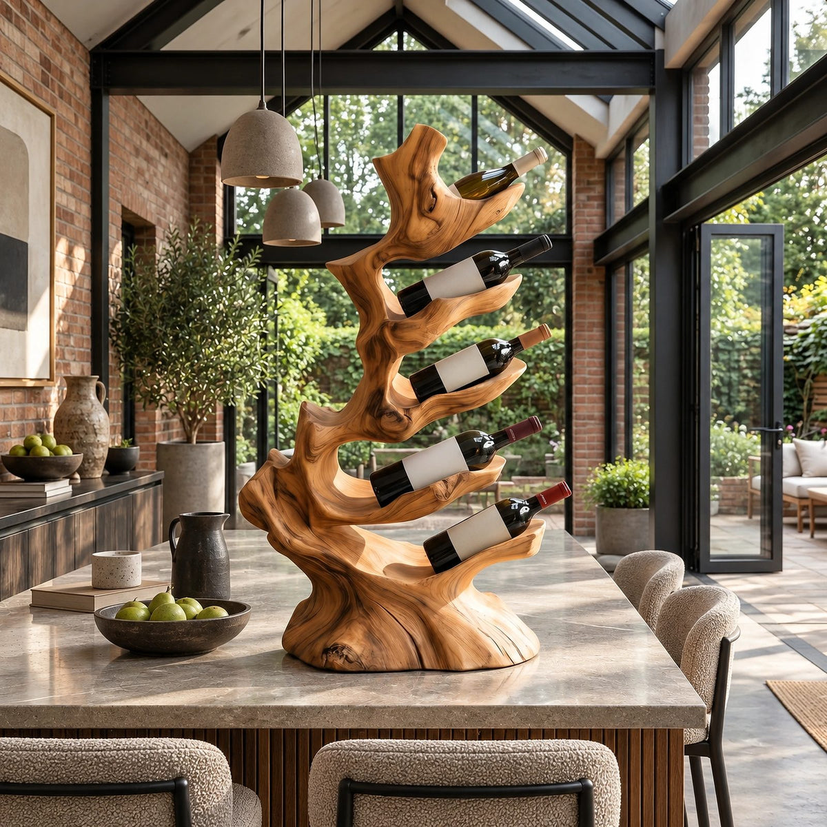 Rustic Branch Wood Wine Stand With Staggered Pockets For Dining Room