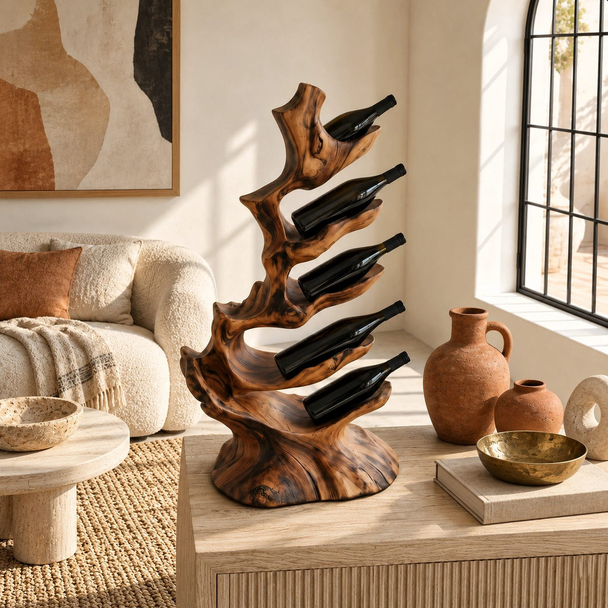 Rustic Branch Wood Wine Stand With Staggered Pockets For Dining Room