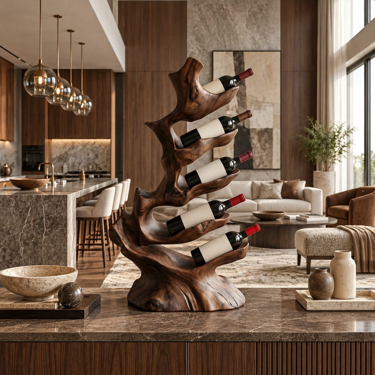 Rustic Branch Wood Wine Stand With Staggered Pockets For Dining Room