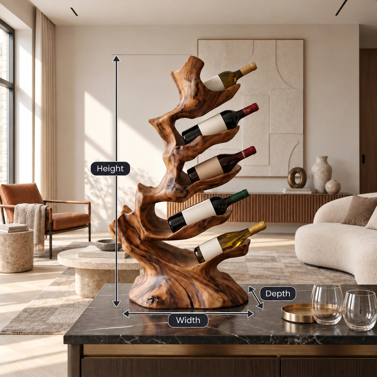 Rustic Branch Wood Wine Stand With Staggered Pockets For Dining Room