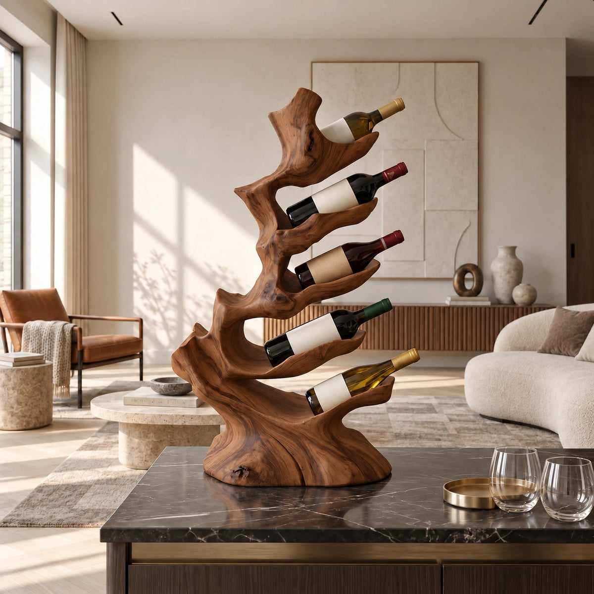 Rustic Branch Wood Wine Stand With Staggered Pockets For Dining Room
