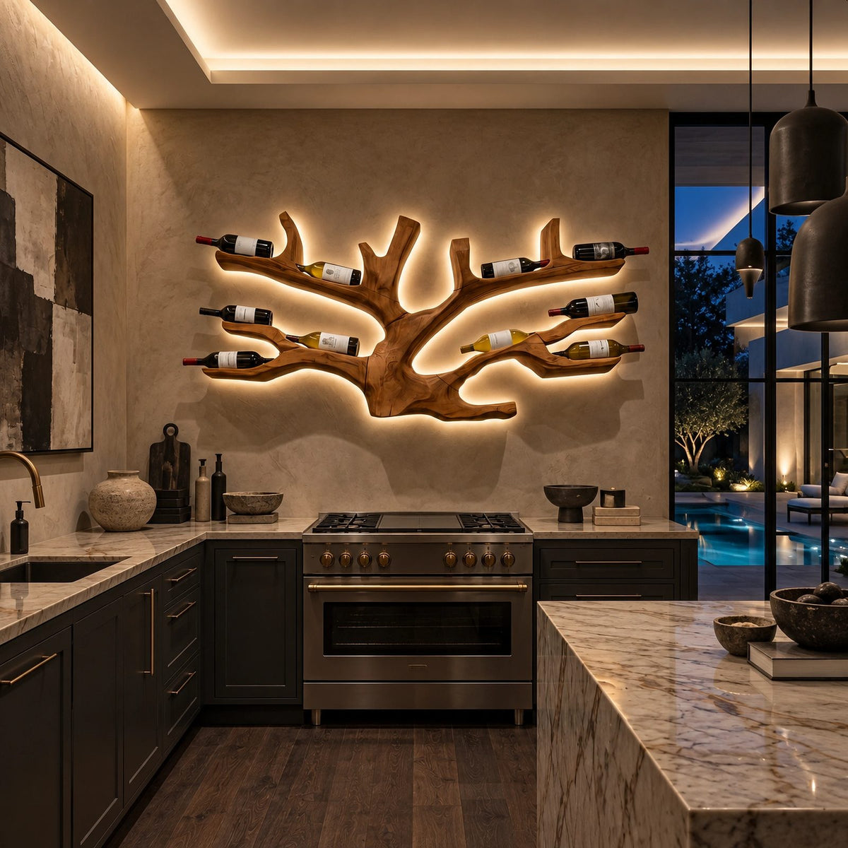 Artistic Branch Wood Wine Rack With Branching Open Pockets For Home Bar