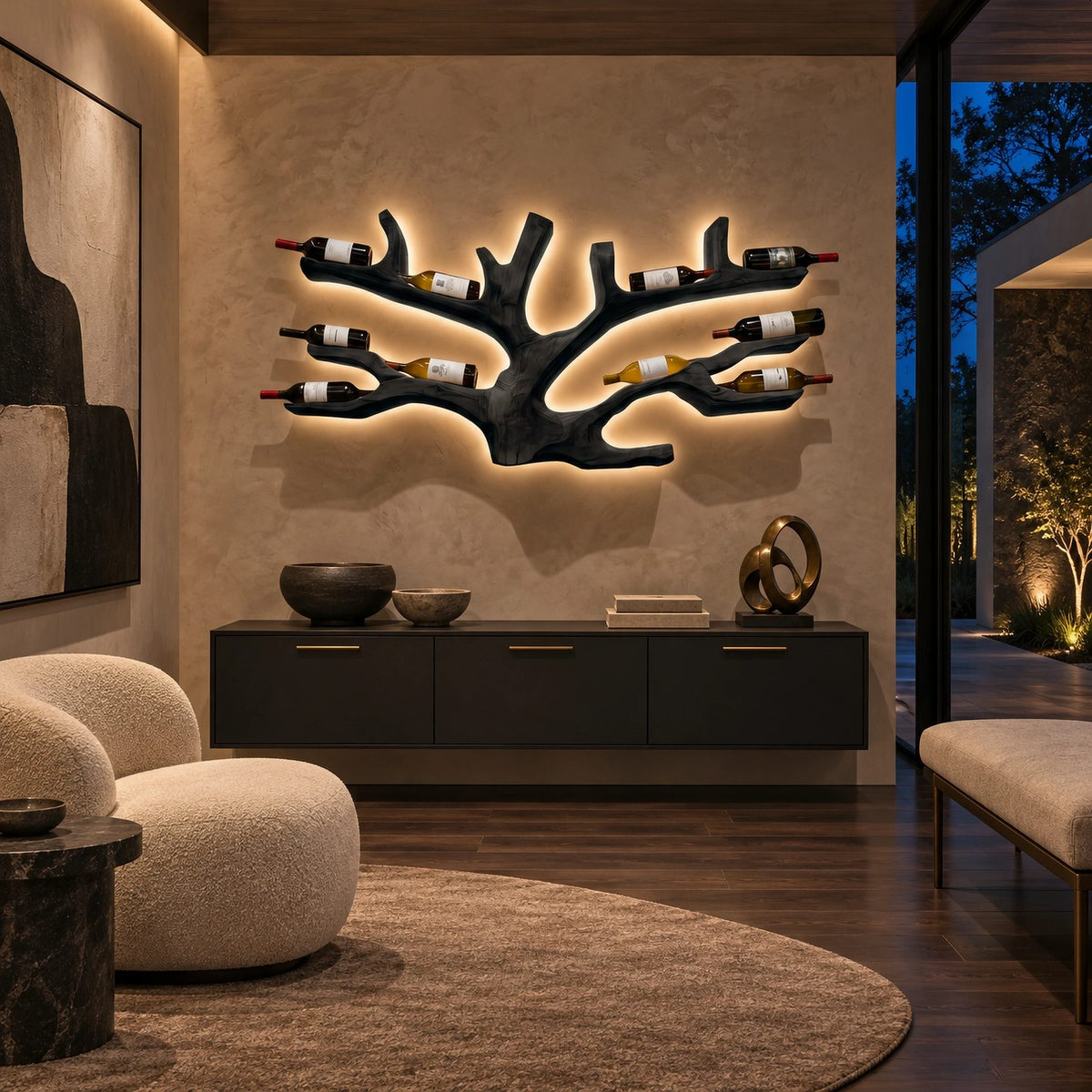 Artistic Branch Wood Wine Rack With Branching Open Pockets For Home Bar