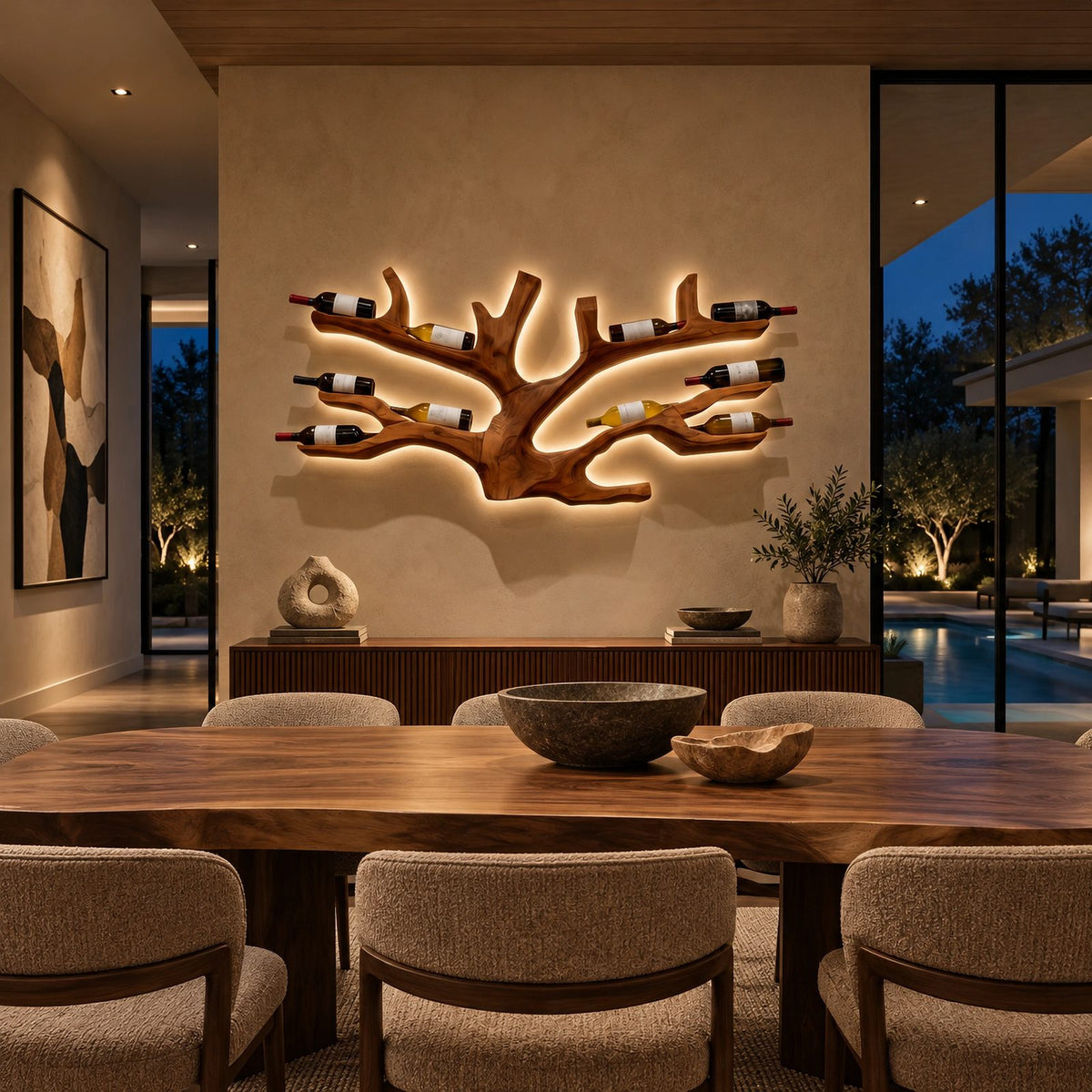 Artistic Branch Wood Wine Rack With Branching Open Pockets For Home Bar