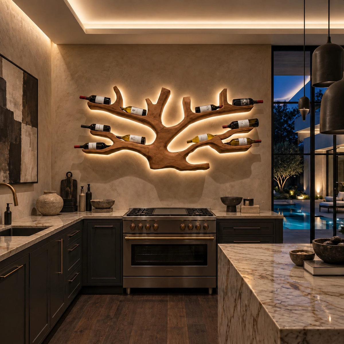 Artistic Branch Wood Wine Rack With Branching Open Pockets For Home Bar