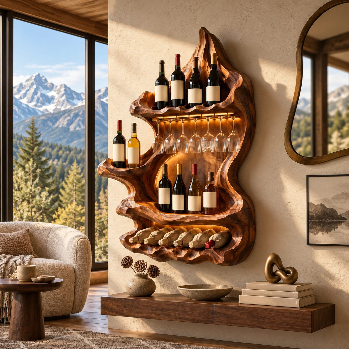Organic Mountain Inspired Wood Wine Rack For Dining Room