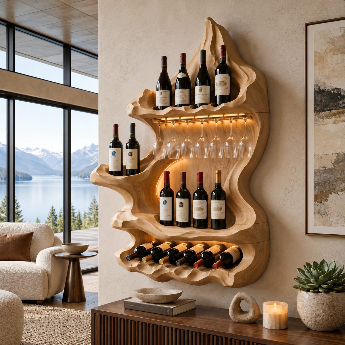 Organic Mountain Inspired Wood Wine Rack For Dining Room