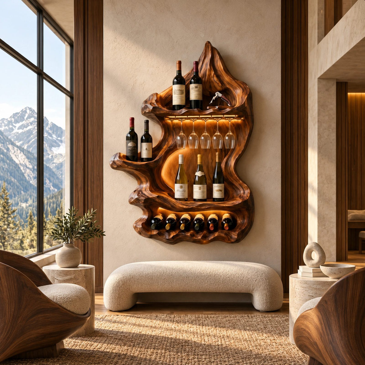 Organic Mountain Inspired Wood Wine Rack For Dining Room