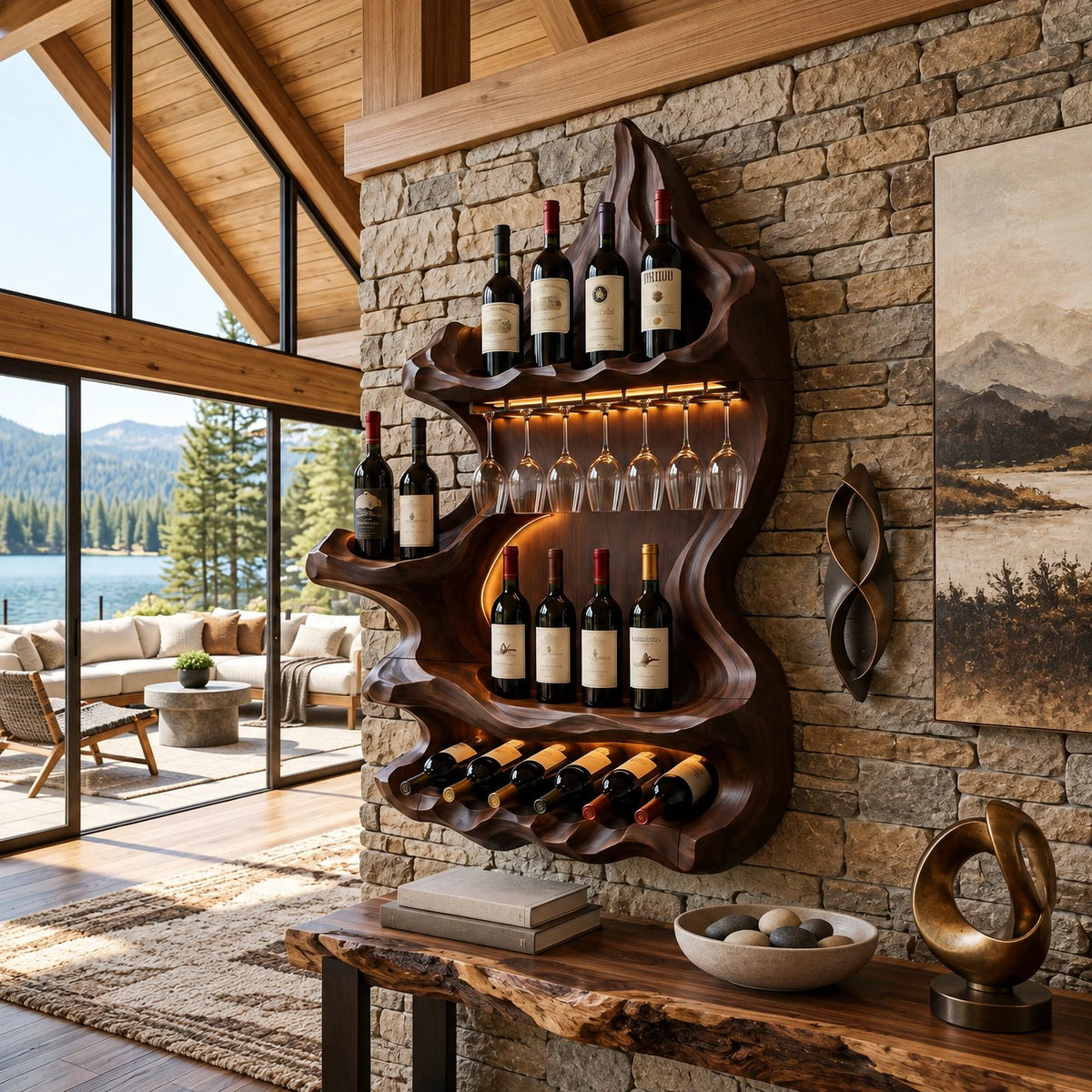 Organic Mountain Inspired Wood Wine Rack For Dining Room